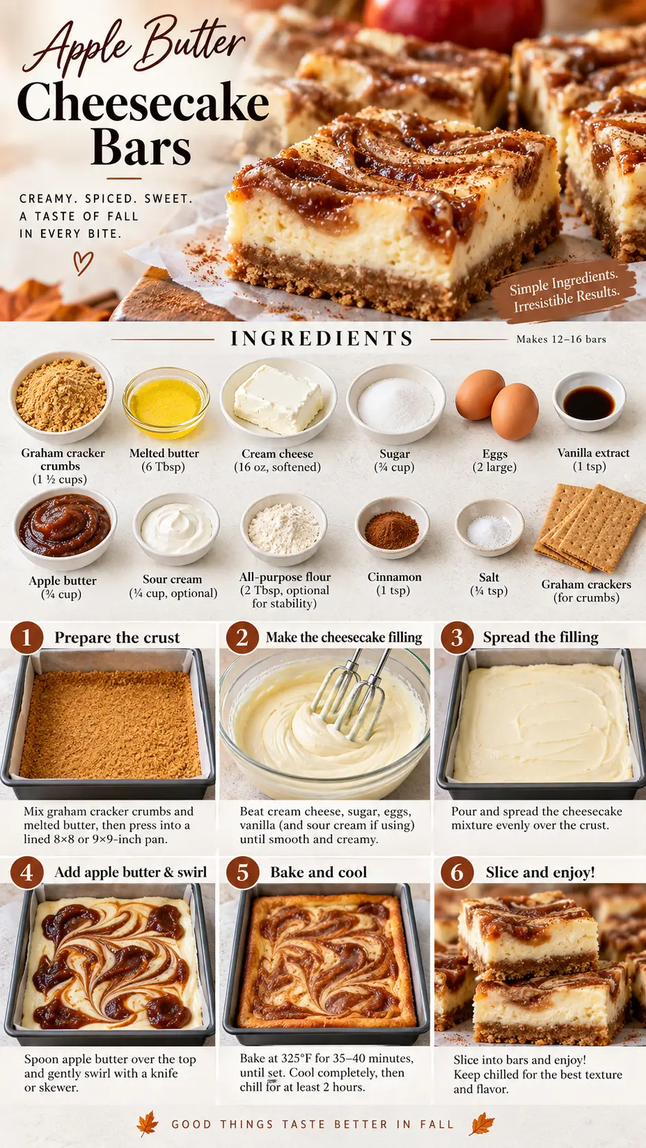 Apple Butter Cheesecake Bars preparation steps with swirled filling