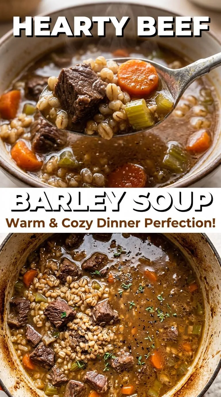 Hearty beef barley soup with tender beef chunks, carrots, celery and barley in a rich broth