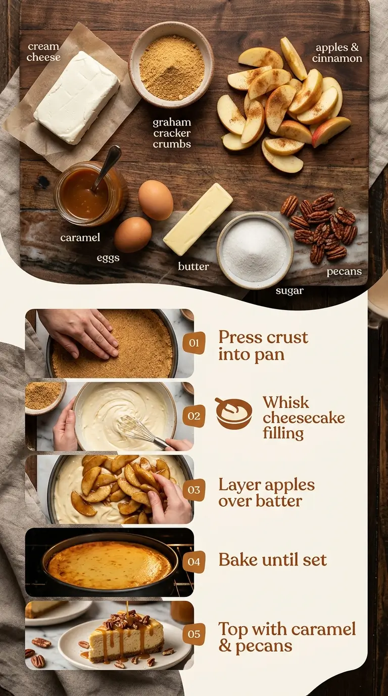 Caramel Apple Cheesecake preparation steps with cinnamon apple topping