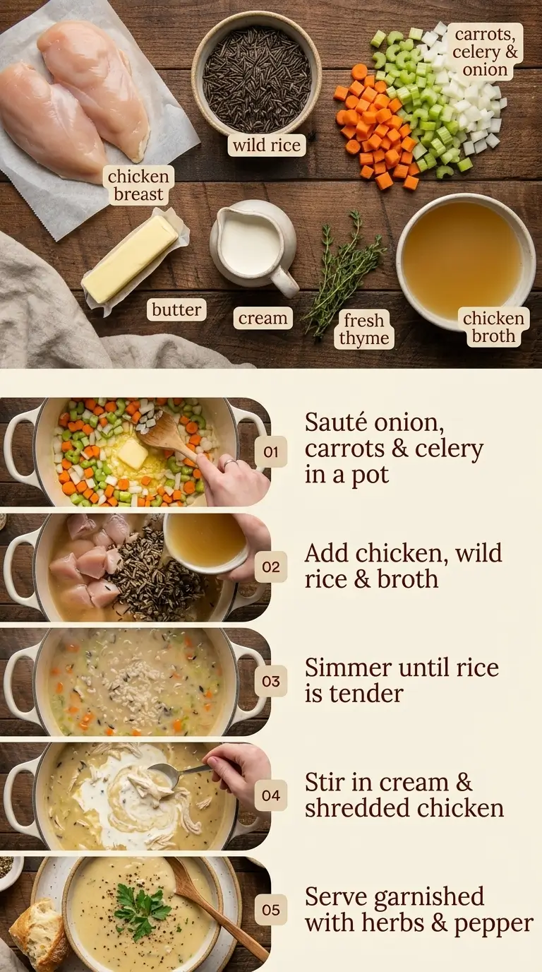 Creamy Chicken and Wild Rice Soup preparation steps in a pot