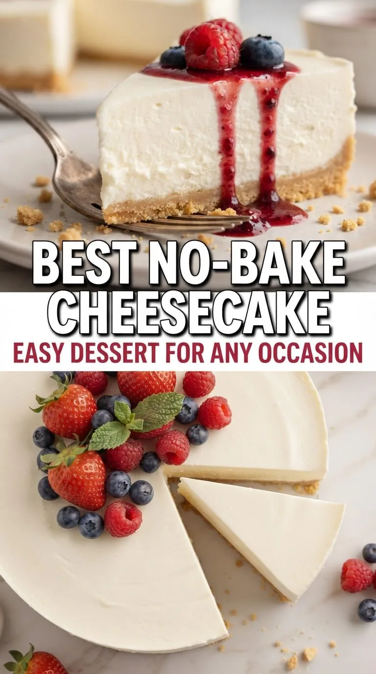 Creamy No-Bake Cheesecake preparation steps with graham cracker crust