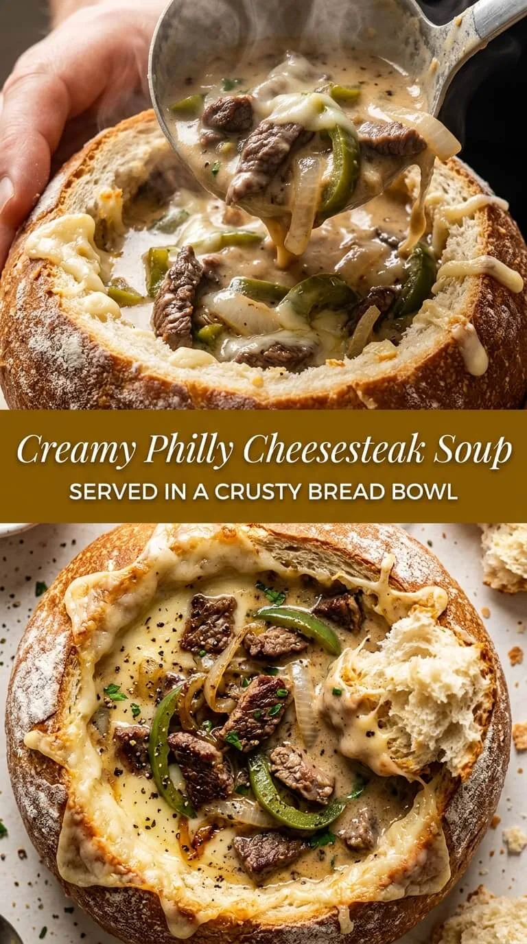 Creamy Philly Cheesesteak Soup Bread Bowl