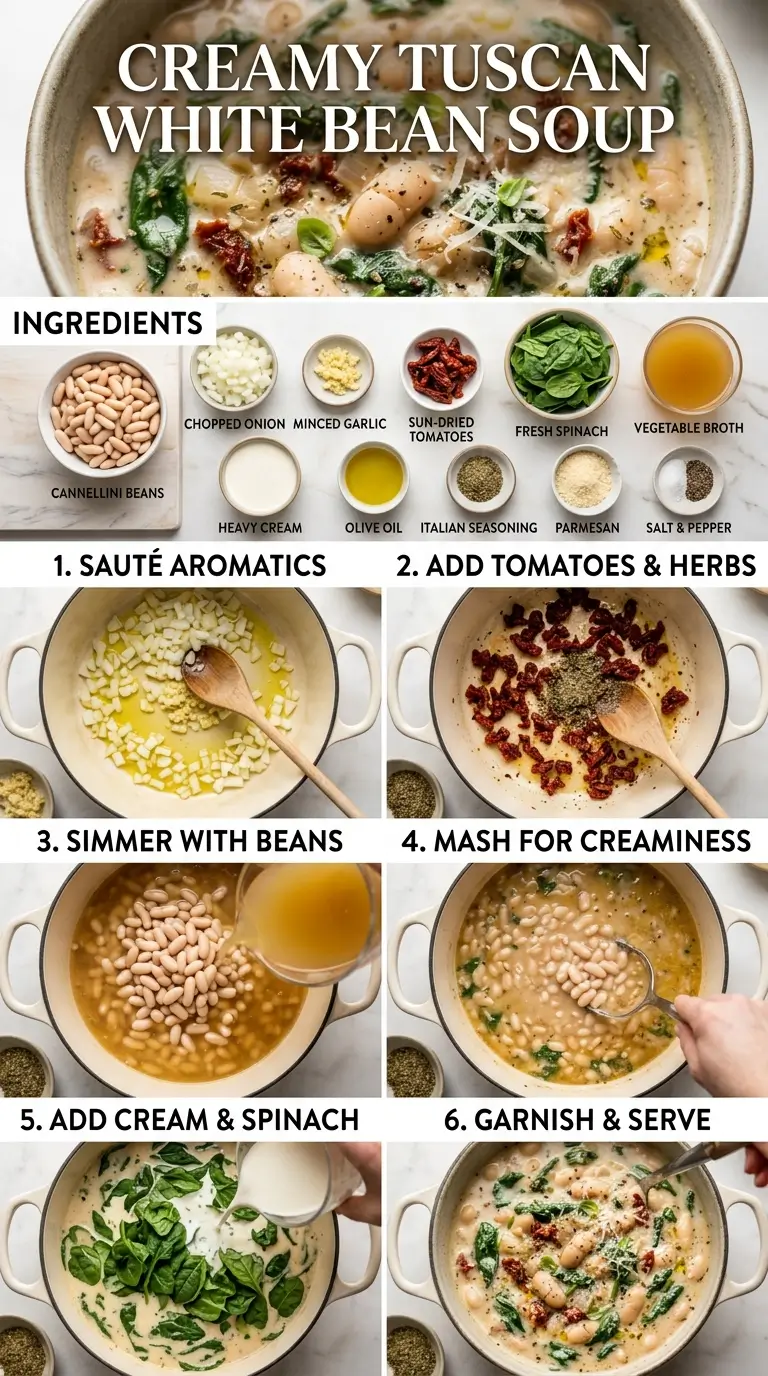 Creamy Tuscan White Bean Soup preparation steps in a pot