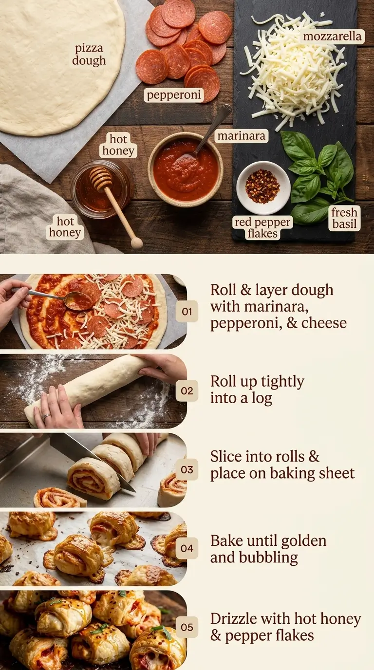 Hot Honey Pepperoni Pizza Rolls preparation steps on a baking sheet