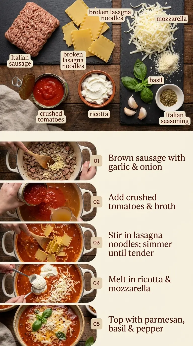 Lasagna Soup preparation steps in a pot with broken noodles