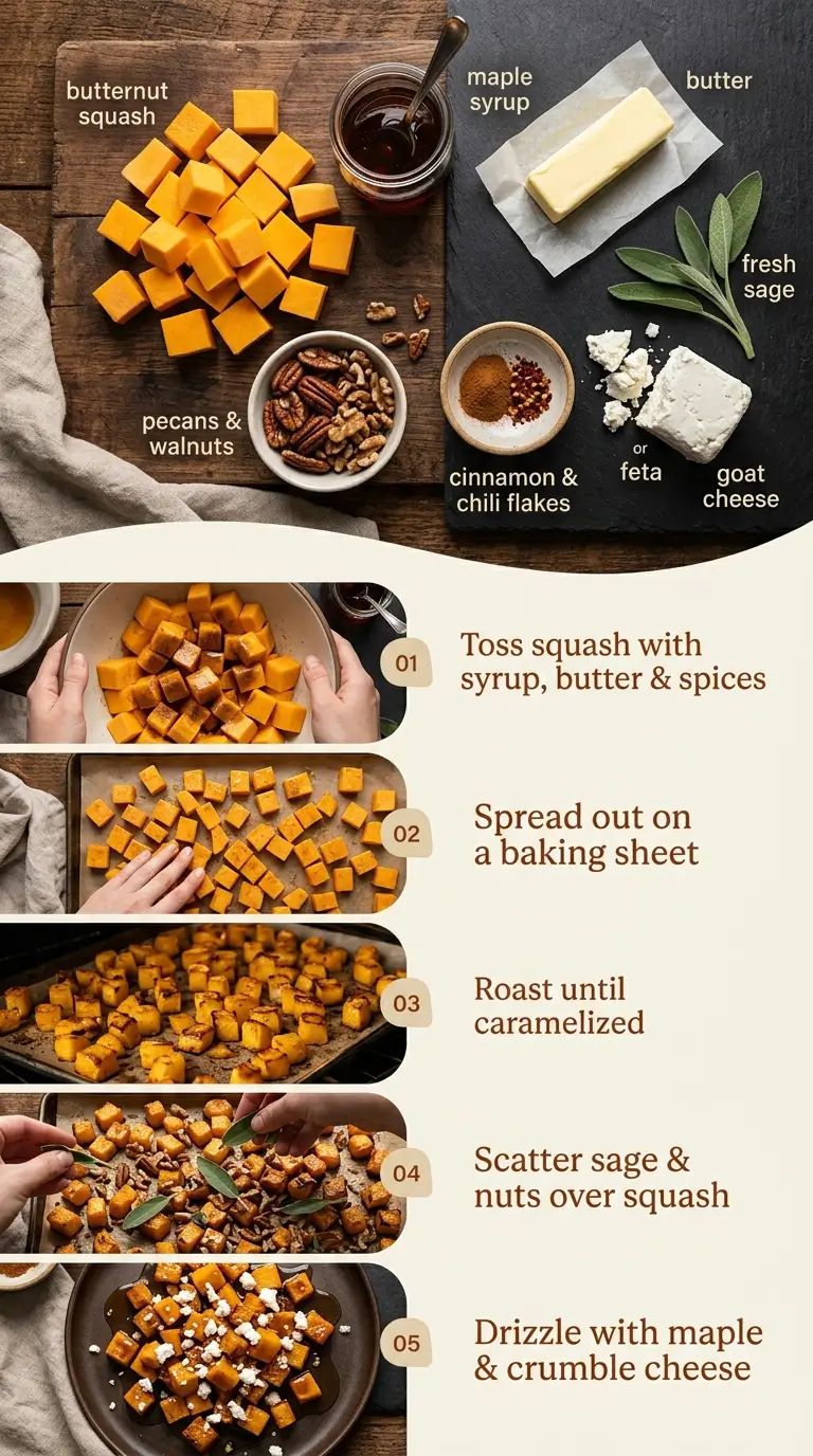 Maple Roasted Butternut Squash preparation steps on a baking sheet