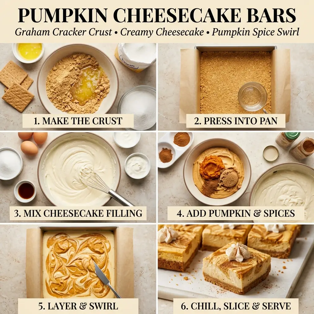 Pumpkin Cheesecake Bars preparation steps with graham cracker crust