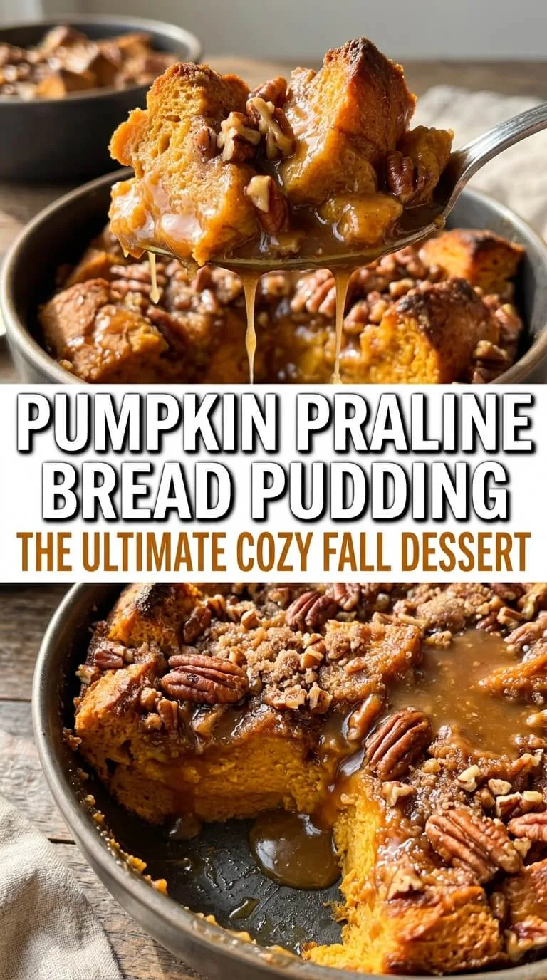 Pumpkin Praline Bread Pudding preparation steps with pecan topping