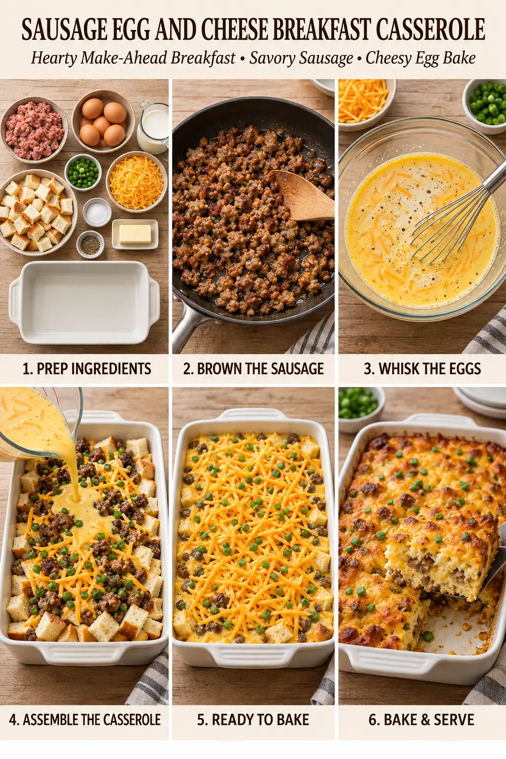 Sausage Egg and Cheese Breakfast Casserole preparation steps in a baking dish