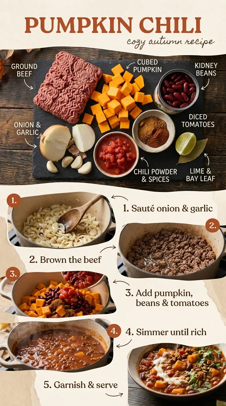 Pumpkin Chili preparation steps in a pot