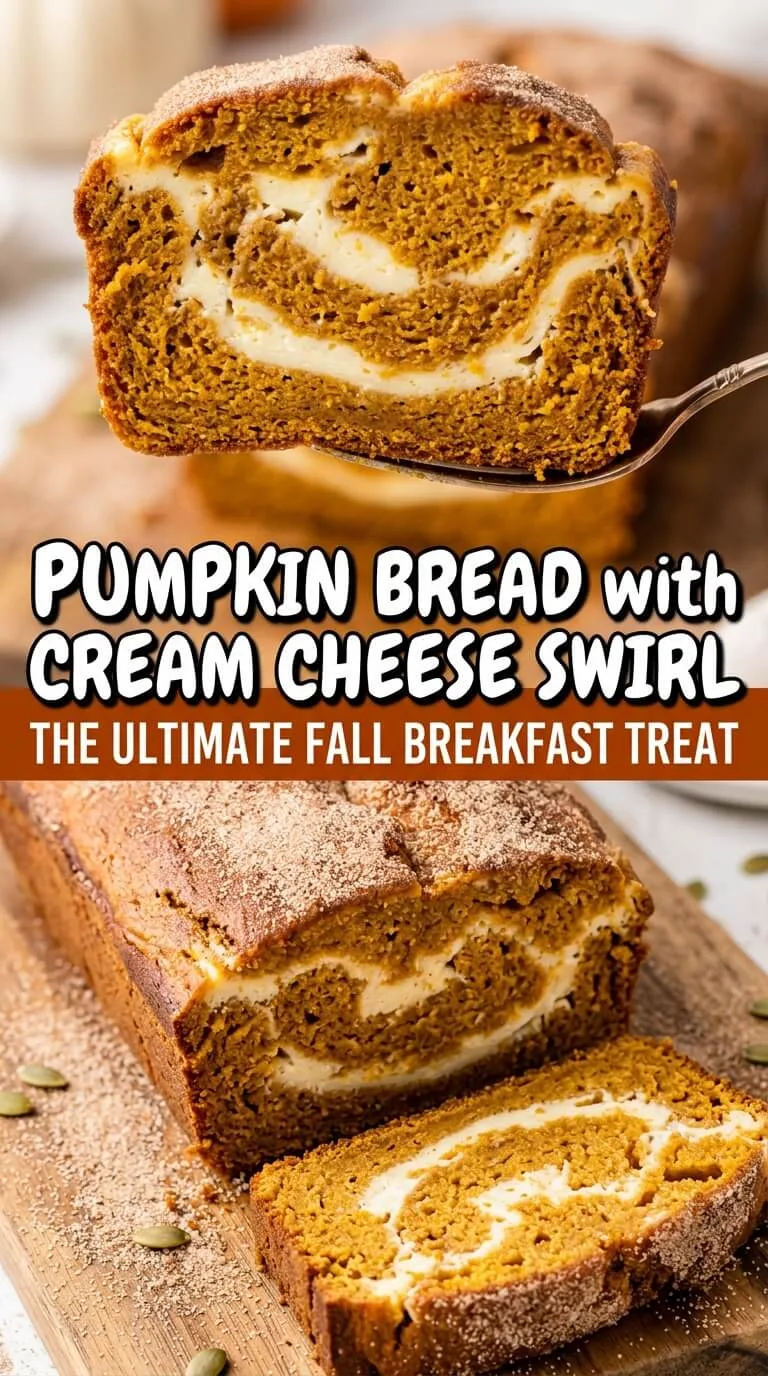 Pumpkin Bread with Cream Cheese Swirl sliced loaf showing marbled filling
