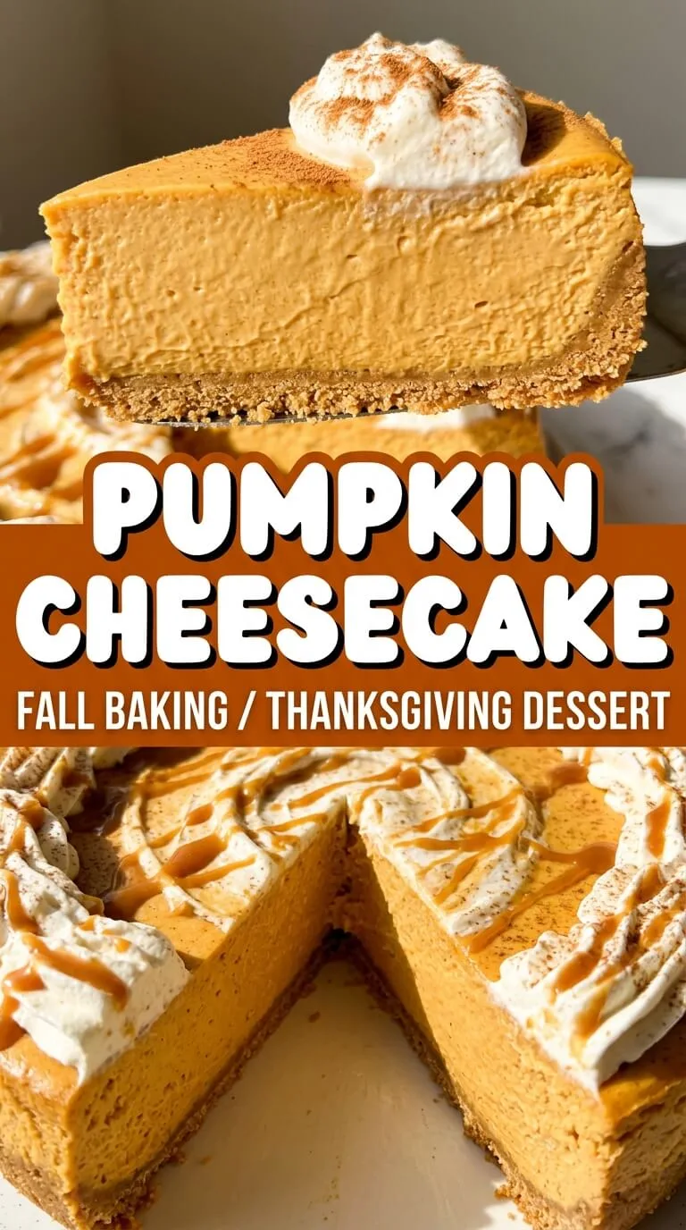 Pumpkin Cheesecake sliced showing creamy filling and graham cracker crust