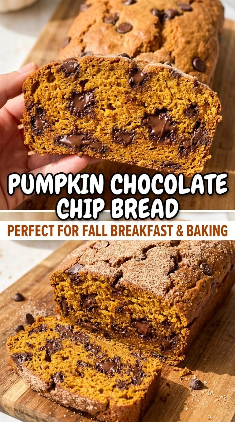 Pumpkin Chocolate Chip Bread sliced showing melted chocolate chips