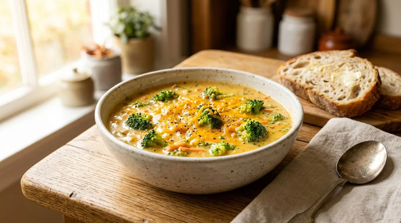 creamy broccoli cheddar soup served in a bowl, homemade recipe