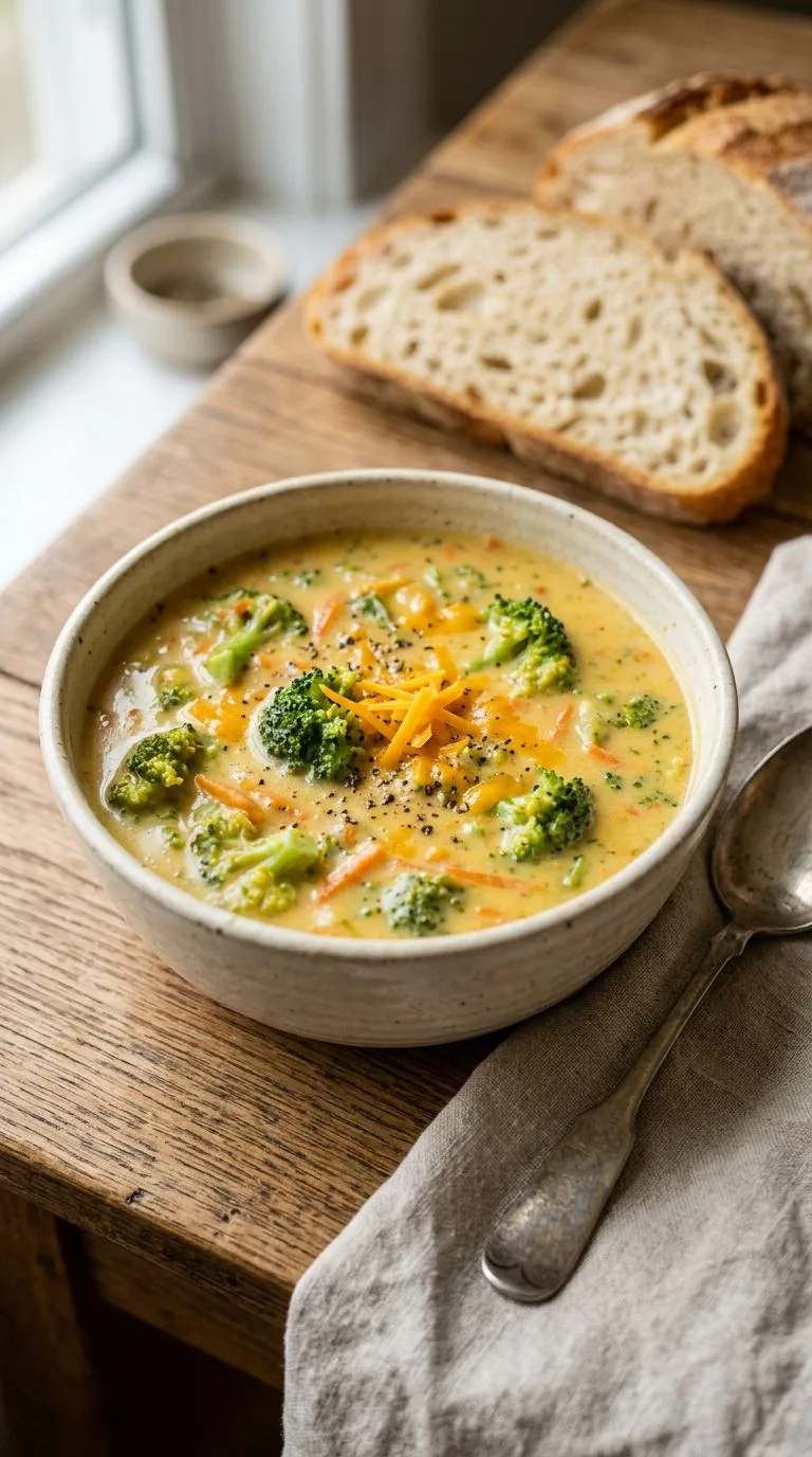 Creamy broccoli cheddar soup with broccoli florets and melted cheddar cheese