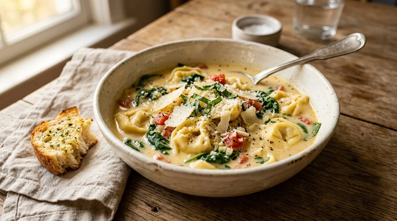 creamy tortellini soup spinach parmesan served in a bowl, homemade recipe