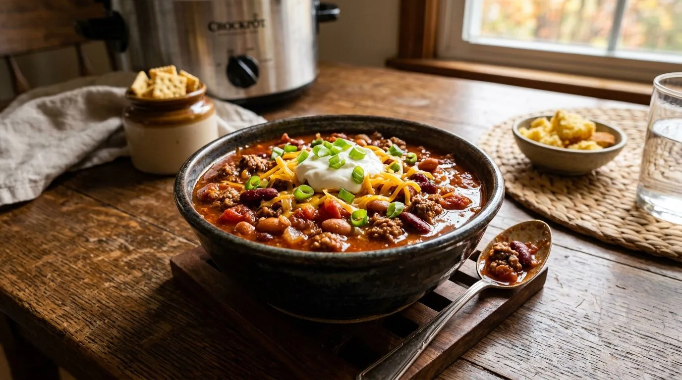 crockpot chili with ground beef and beans - finished recipe