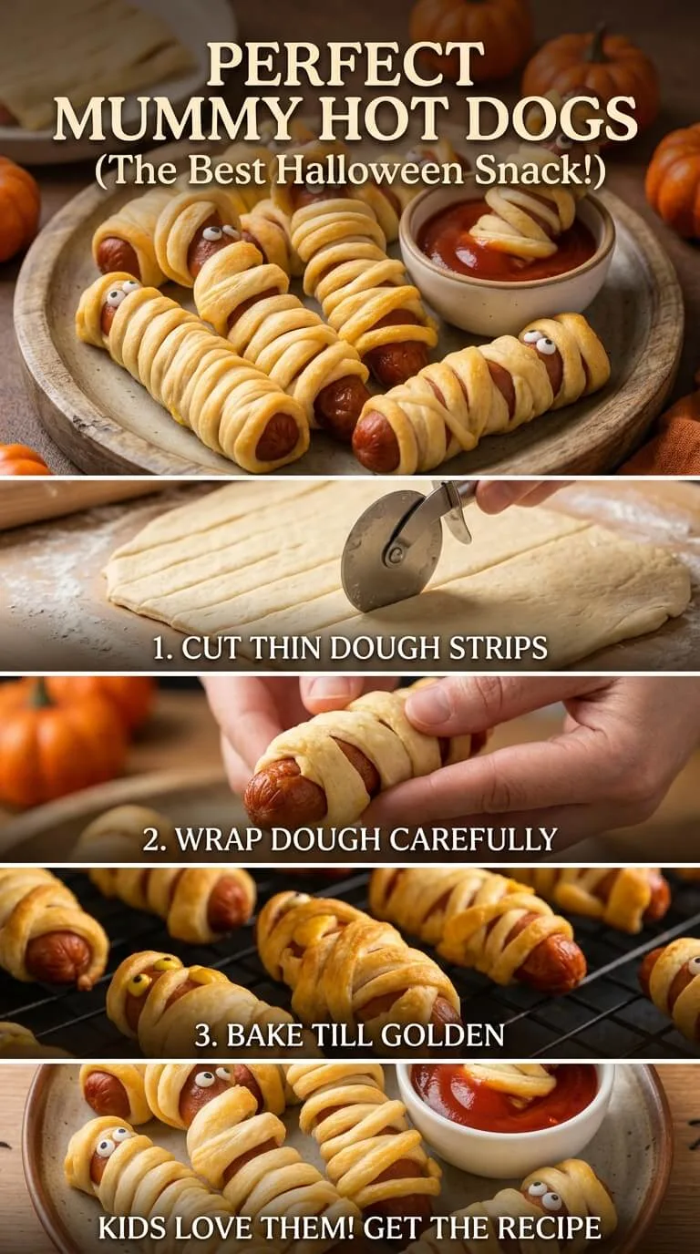 Mummy Hot Dogs wrapped in crescent dough with mustard eyes
