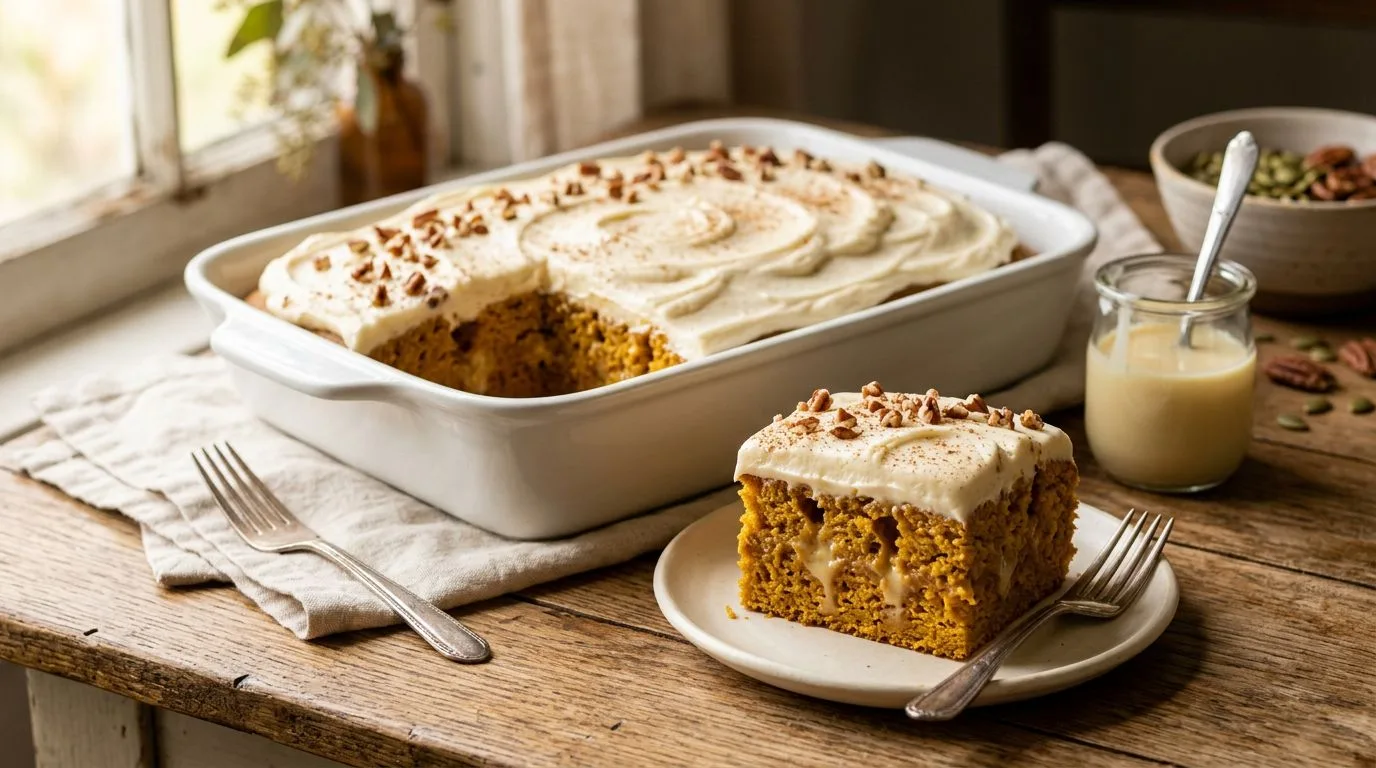 pumpkin poke cake with cream cheese frosting served in a bowl, homemade recipe