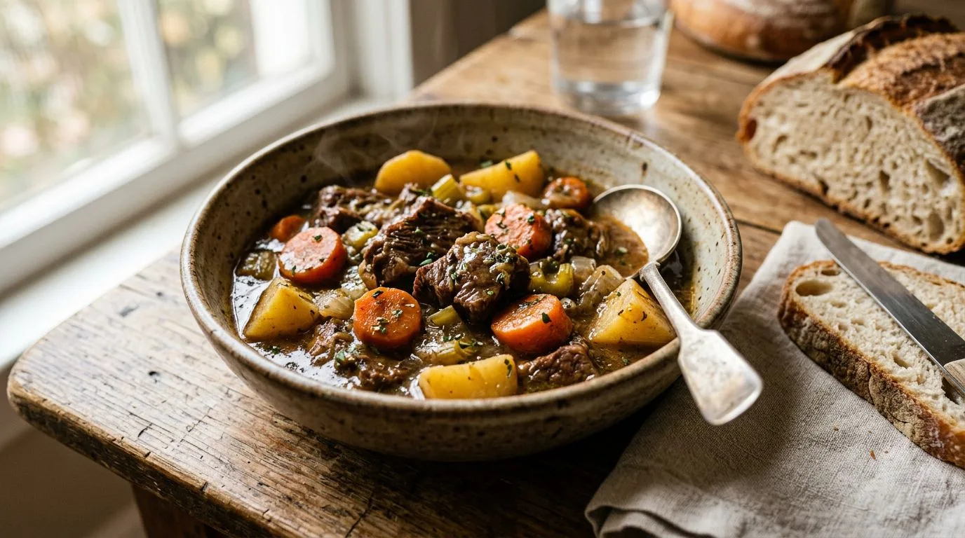 slow cooker beef stew potatoes carrots served in a bowl, homemade recipe